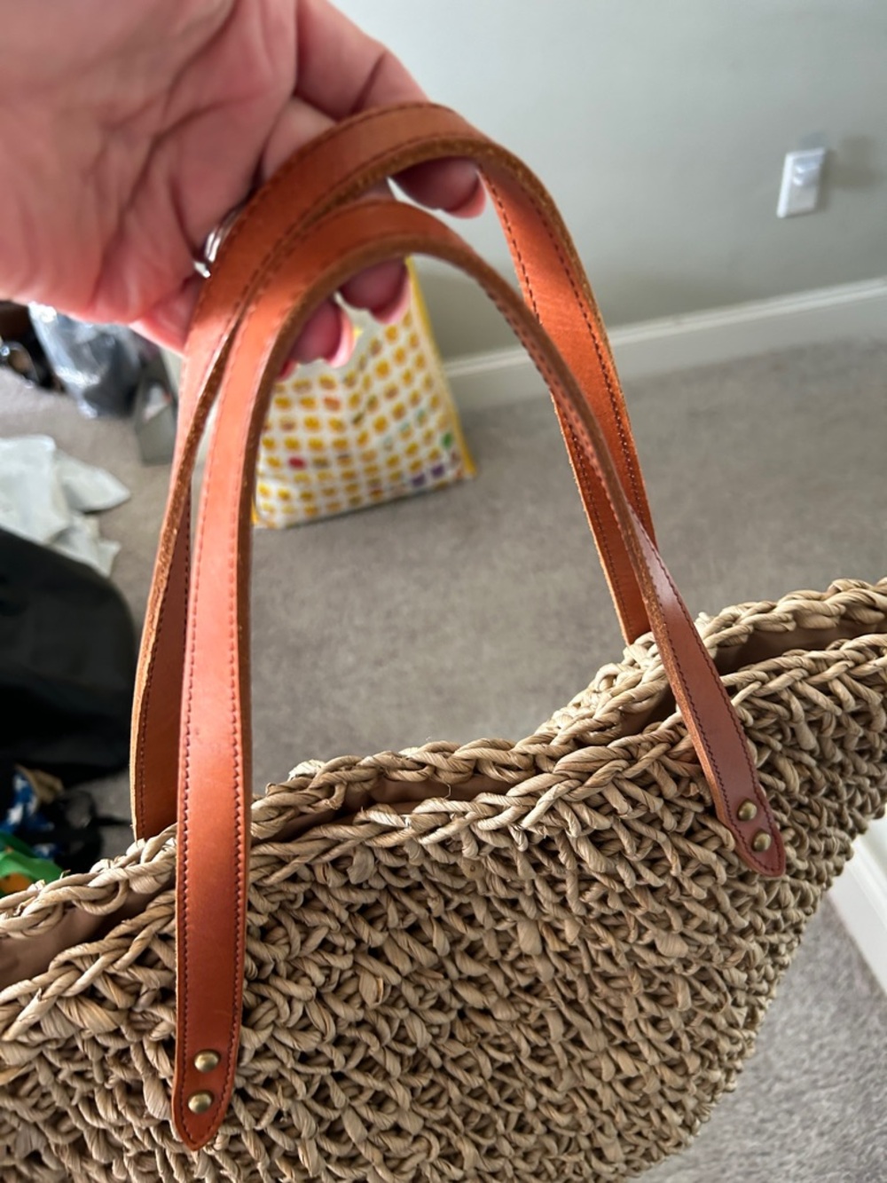 J Jill Woven Straw Tote Leather Strap Beach Bag Market Boho Large - Picture 10 of 11